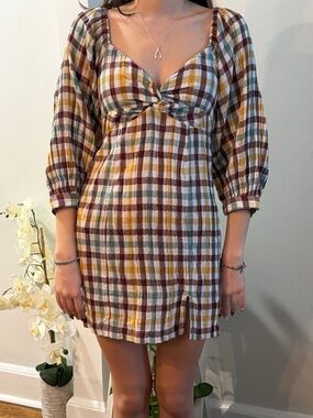 Roxy Plaid Mini Dress in Mustard, Brown & Cream with Teal Accents